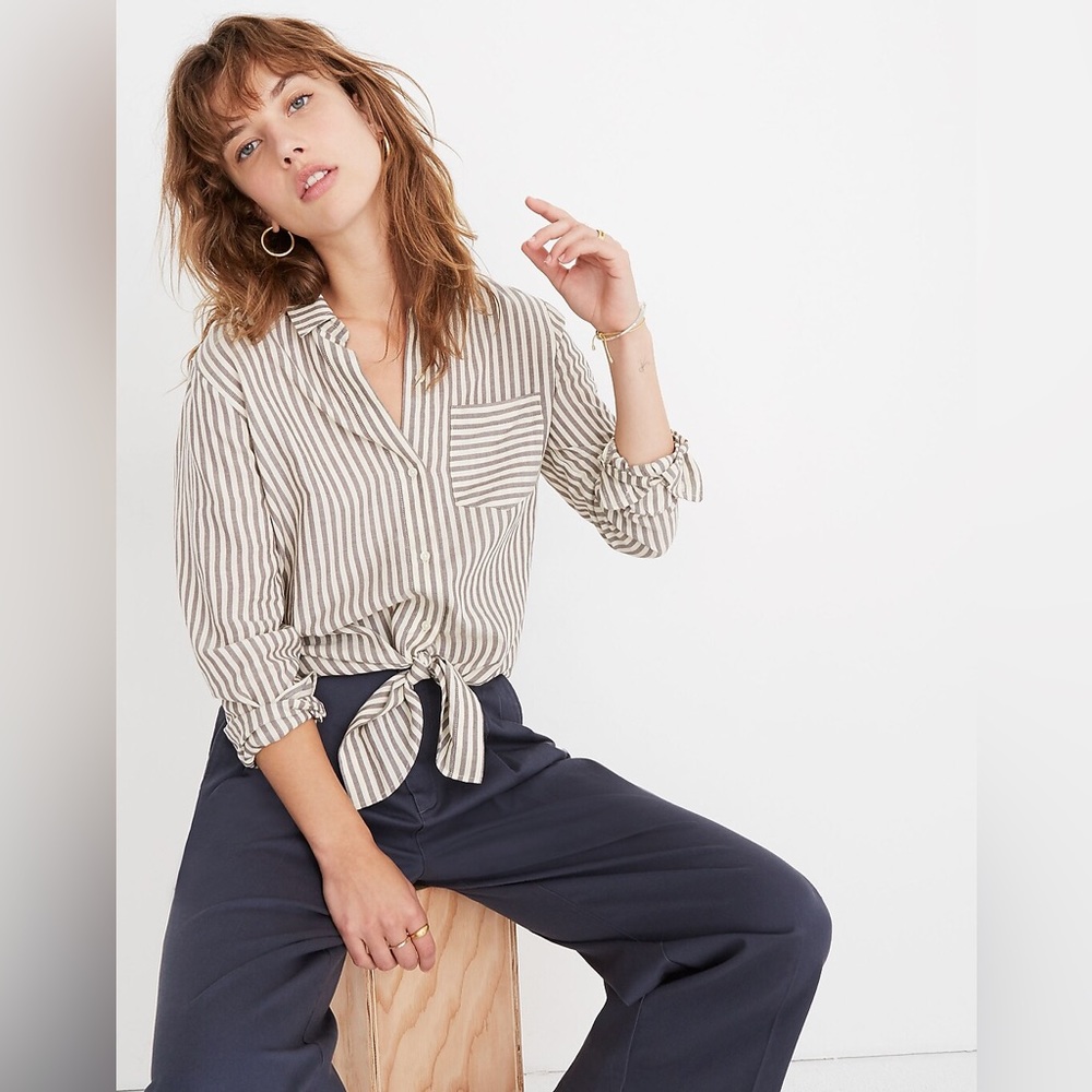 Madewell Women’s XXL Gray Brown Button Up Tie-Front Maitland Stripe Shirt
